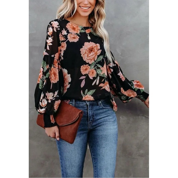 Vici Tops - VICI Boutique Dark Floral Semi Sheer Poet Drop Sleeve Blouse Top Medium